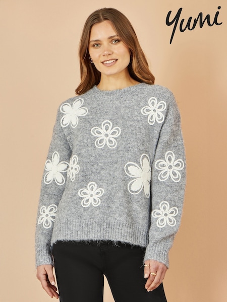 Yumi Grey Relaxed Jumper With Crochet Flowers (V16718) | £50
