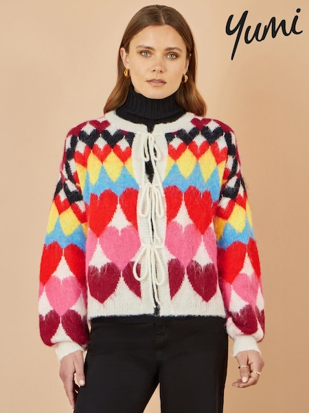 Yumi Cream Tie Front Heart Intarsia Cardigan (V16724) | £55