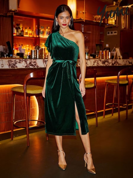 Yumi Green Velvet Frill One Shoulder Midi Dress With Split Hem (V16736) | £60