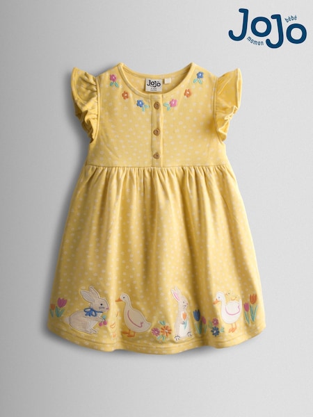 JoJo Maman Bébé Mid Yellow Bunny And Duck Appliqué Button Front Dress (V17167) | £22 - £25