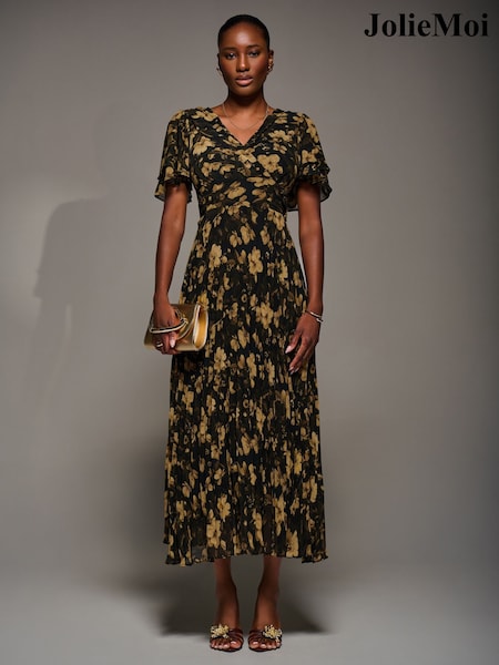 Jolie Moi Yellow Chiffon Ruflle Sleeve Pleated Maxi Dress (V17221) | £78