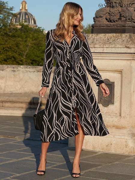 Sosandar Black Geometric Spot Shirred Waist Shirt Dress (V17735) | £75