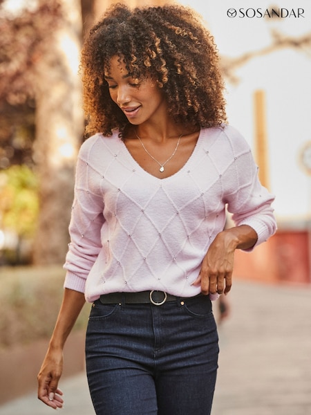 Sosandar Pink Pointelle Diamente Embellished Jumper (V17741) | £59