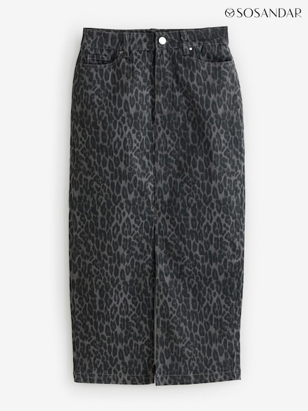 Sosandar Grey Leopard Print Denim Midi Skirt (V17749) | £55