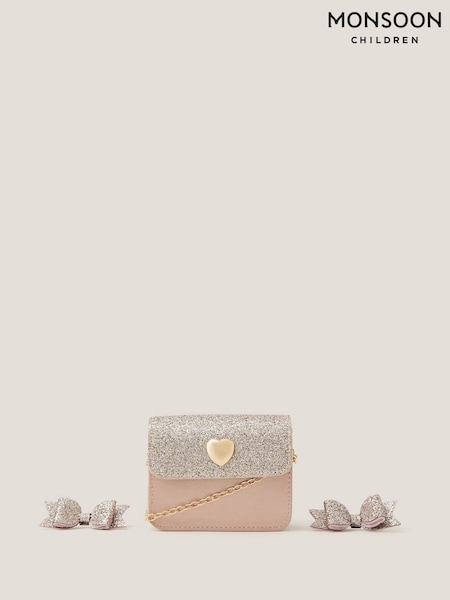 Monsoon Pink Mini Glitter Bag & Bow Hair Clips Set (V17989) | £15