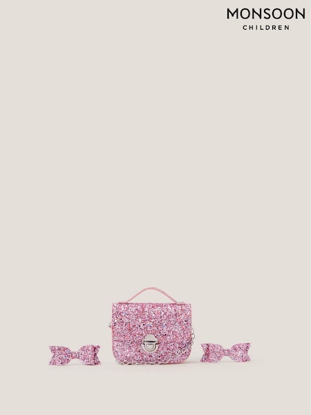 Monsoon Pink Glitter Satchel Bag & Hair Clips Set (V17993) | £15