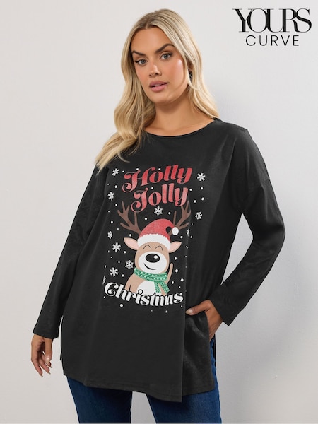 Yours Curve Black Christmas Holly Jolly T-Shirt (V18069) | £24