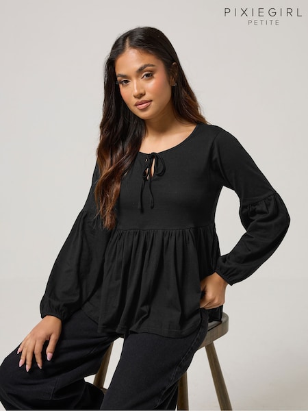 PixieGirl Petite Black Tie Front Smock Top (V18506) | £22