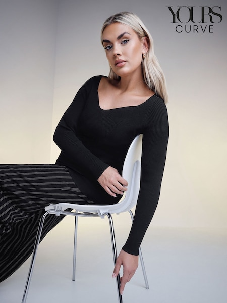 Yours Curve Black Ribbed Knitted Top (V18508) | £31