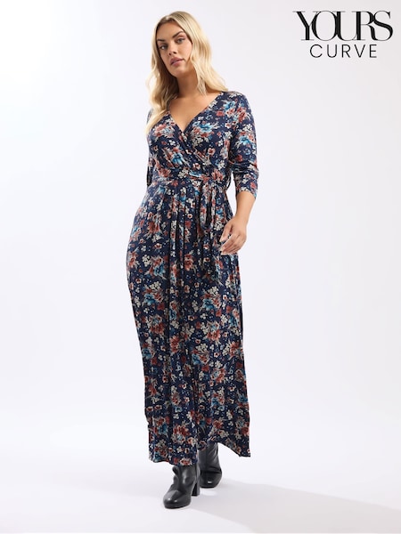 Yours Curve Blue Wrap Detail Dress (V18518) | £37