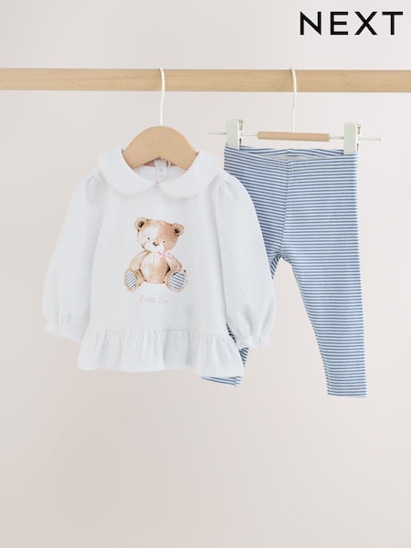 White/Blue Bear - Baby T-shirt And Leggings 2 Piece Set (0mths-2yrs)