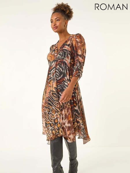 Roman Brown Animal Print Hanky Hem Dress (V18746) | £68