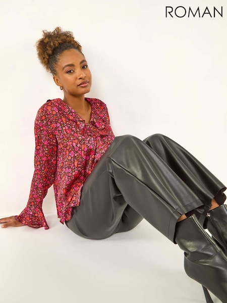 Roman Pink Floral Frill Metallic Blouse (V18774) | £42