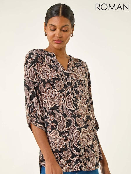 Roman Natural Paisley Print V-Neck Stretch Blouse (V18784) | £42