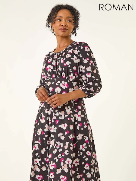 Roman Black Petite Floral Gathered Midi Dress (V18899) | £45