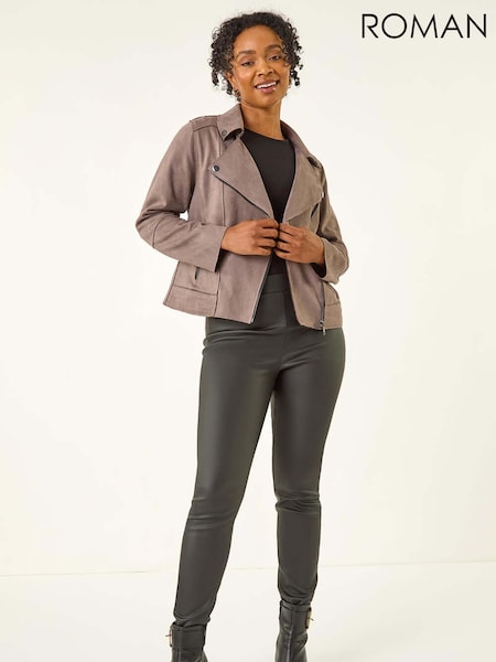 Roman Brown Petite Suedette Biker Jacket (V18905) | £65