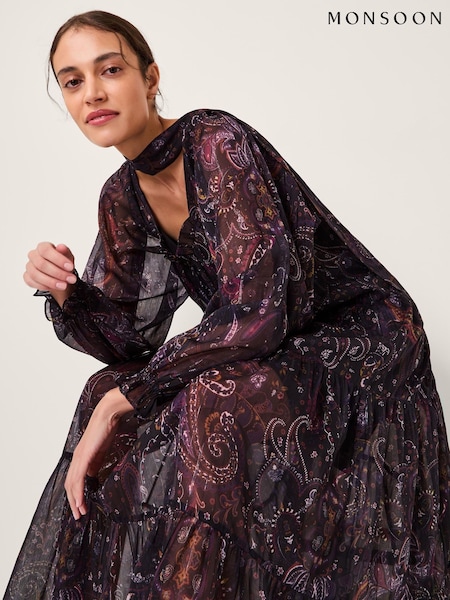 Monsoon Purple Marianna Paisley Print Tiered Midi Dress (V19084) | £130