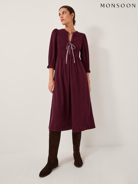 Monsoon Red Sara Smocked Corduroy Midi Dress (V19086) | £85
