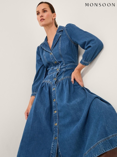 Monsoon Blue Tasmin Button Denim Midi Dress (V19106) | £85