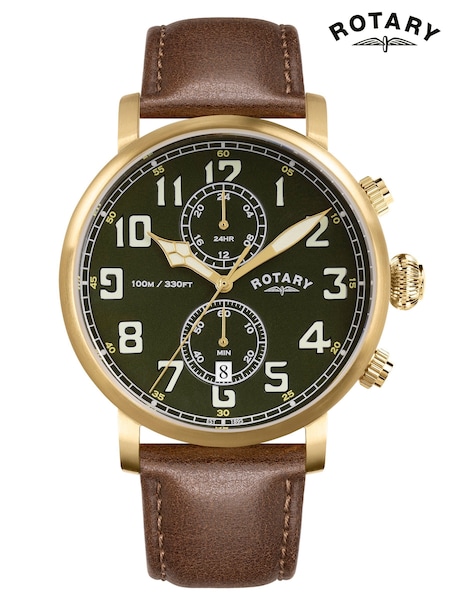 Rotary Heritage Pilot Gold Plated Strap Watch (V19146) | £199