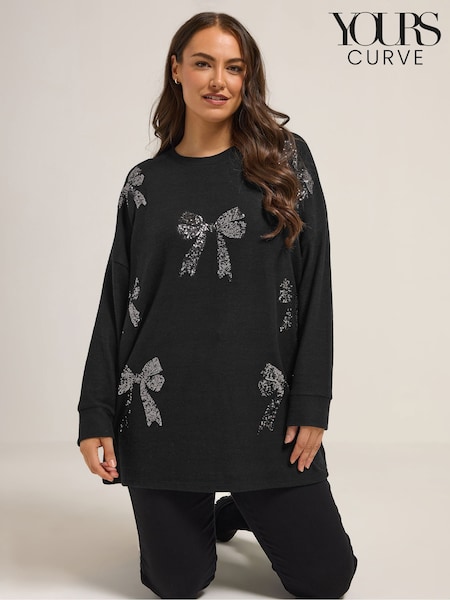Yours Curve Black Bow Sequin Jumper (V19203) | £34