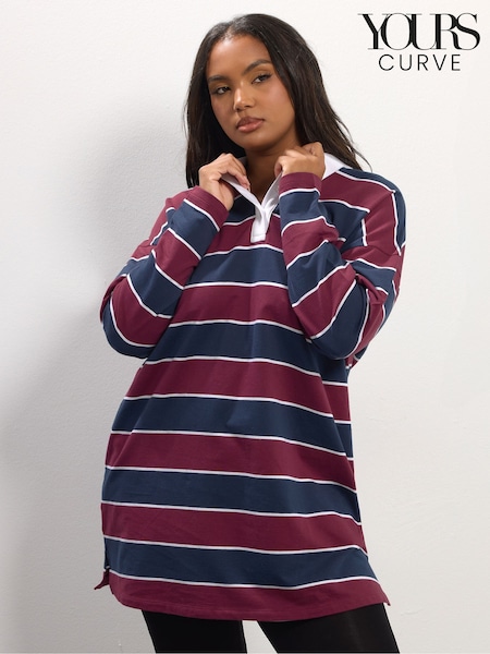 Yours Curve Red Rugby Collar Stripe Tunic Jumper (V19232) | £34