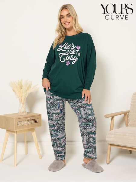 Yours Curve Green Let's Get Cosy Long Sleeve Cuffed Pyjamas Set (V19248) | £31