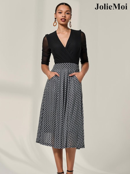 Jolie Moi Black Mesh Two Tone Half Sleeve Midi Dress (V19325) | £75