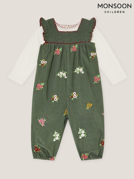 Monsoon Green Long Sleeve Top & Floral Corduroy Dungarees Set (V19409) | £32 - £36