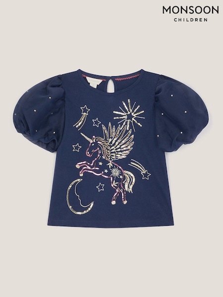 Monsoon Blue Unicorn Embellished Puff Sleeve T-Shirt (V19412) | £19 - £23