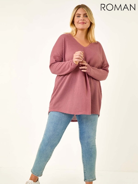 Roman Pink Curve Textured V-Neck Stretch Blouse (V19499) | £42