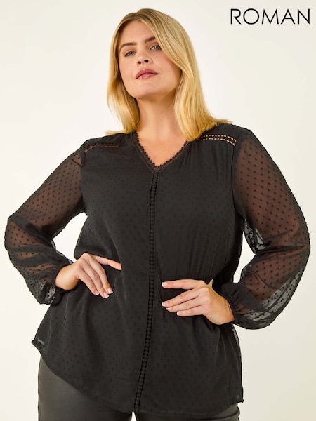 Roman Black Curve Textured V-Neck Blouse (V19508) | £40