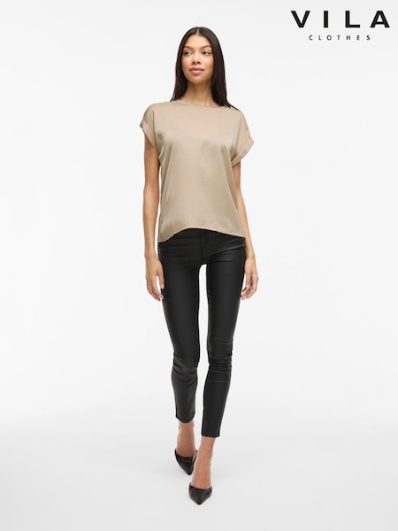 VILA Grey Short Sleeve Satin and Jersey Top (V19510) | £25