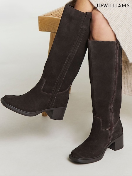 JD Williams Brown Wide Fit Real Suede Low Block Heel Knee High Boots (V19566) | £95