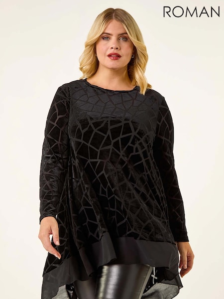Roman Black Curve Velvet Chiffon Hem Tunic Top (V19840) | £45