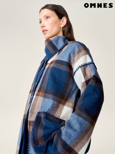 Omnes Blue Paolo Wool-Blend Collarless Coat in Blue Check with Oversized Pockets (V19928) | £150