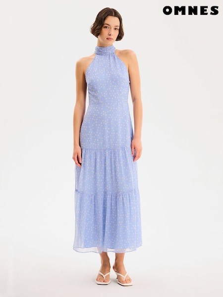 Omnes Blue Romeo Midi High Neck Dress with Tiered Skirt Detail (V19945) | £69