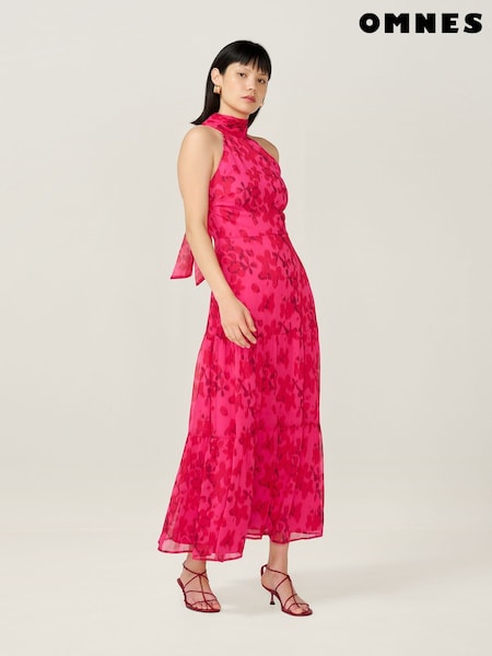 Omnes Pink Romeo Midi High Neck Dress with Tiered Skirt Detail (V19955) | £69