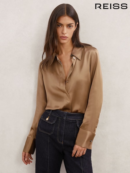 Reiss Camel Ameira Silk Satin Shirt (V20326) | £198