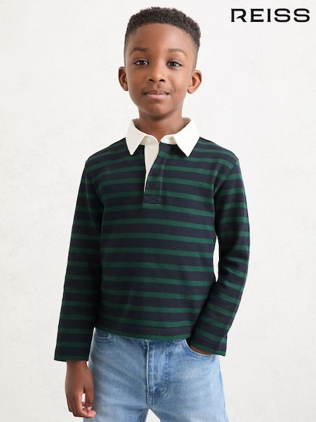 Reiss Navy/Green Conners 9-13 yrs Cotton Rugby-Stripe Polo Shirt (V20361) | £36