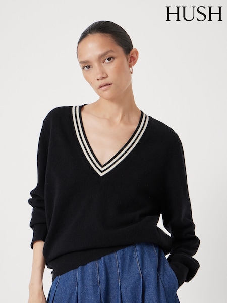 Hush Black Merino Wool V-Neck Stripe Jumper (V20426) | £110