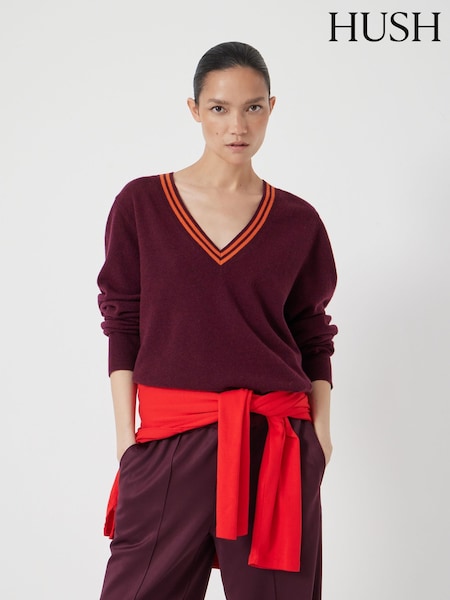 Hush Purple Merino Wool V-Neck Stripe Jumper (V20441) | £110