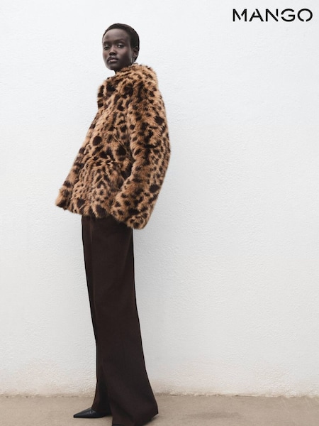 Mango Brown Fur-Effect Leopard-Print Coat (V20806) | £110