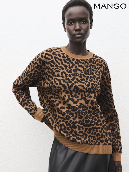 Mango White Leopard Print Fine Knit Long Sleeve Jumper (V20822) | £36