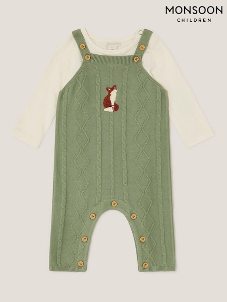 Monsoon Green Newborn Fox Cable Knit Dungarees Set (V20982) | £35