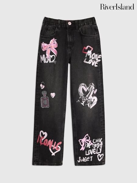 River Island Black Grafiti Straight Leg Jeans (V22062) | £29