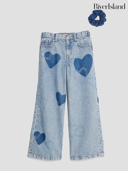 River Island Blue Girls Heart Patch Wide Leg Jeans with Scrunchie (V22089) | £29
