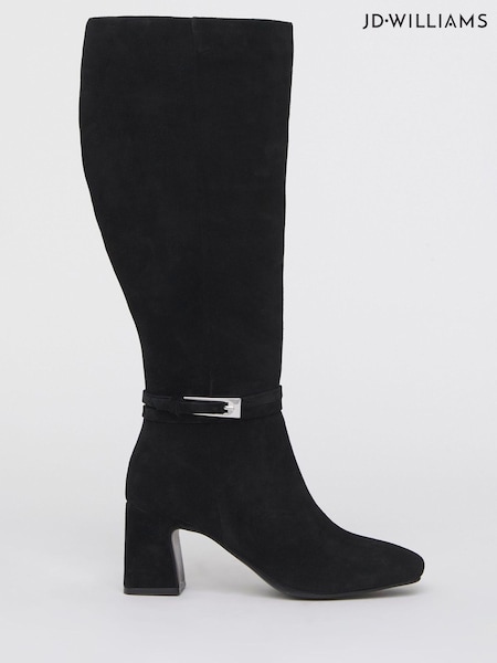 JD Williams Black Extra Wide Fit Real Leather Heeled Knee High Boots With Ankle Trim (V22119) | £100