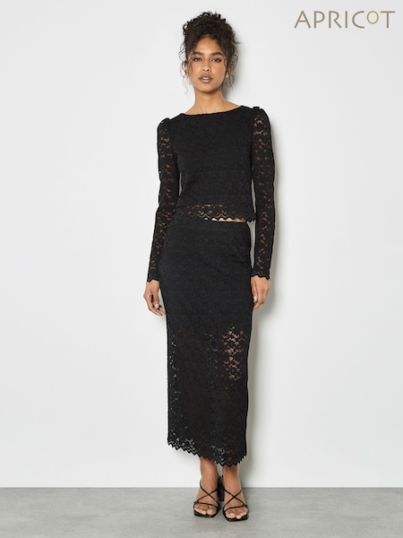 Apricot Black Leaf Corded Lace Midi Skirt (V22173) | £40