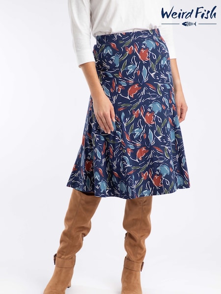 Weird Fish Navy Blue Lorient Printed Jersey Midi Skirt (V22366) | £45